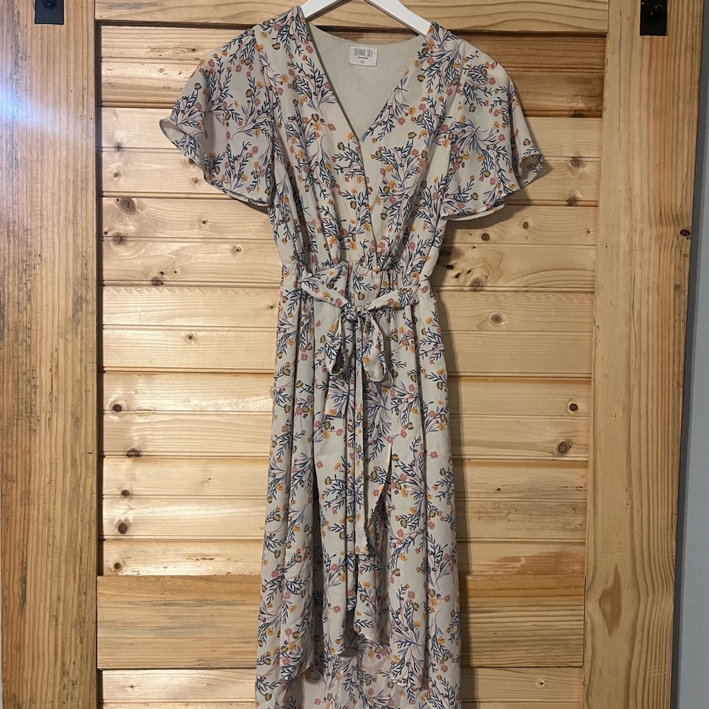 Sienna Sky White and Blue Ruffled Wrap Sundress